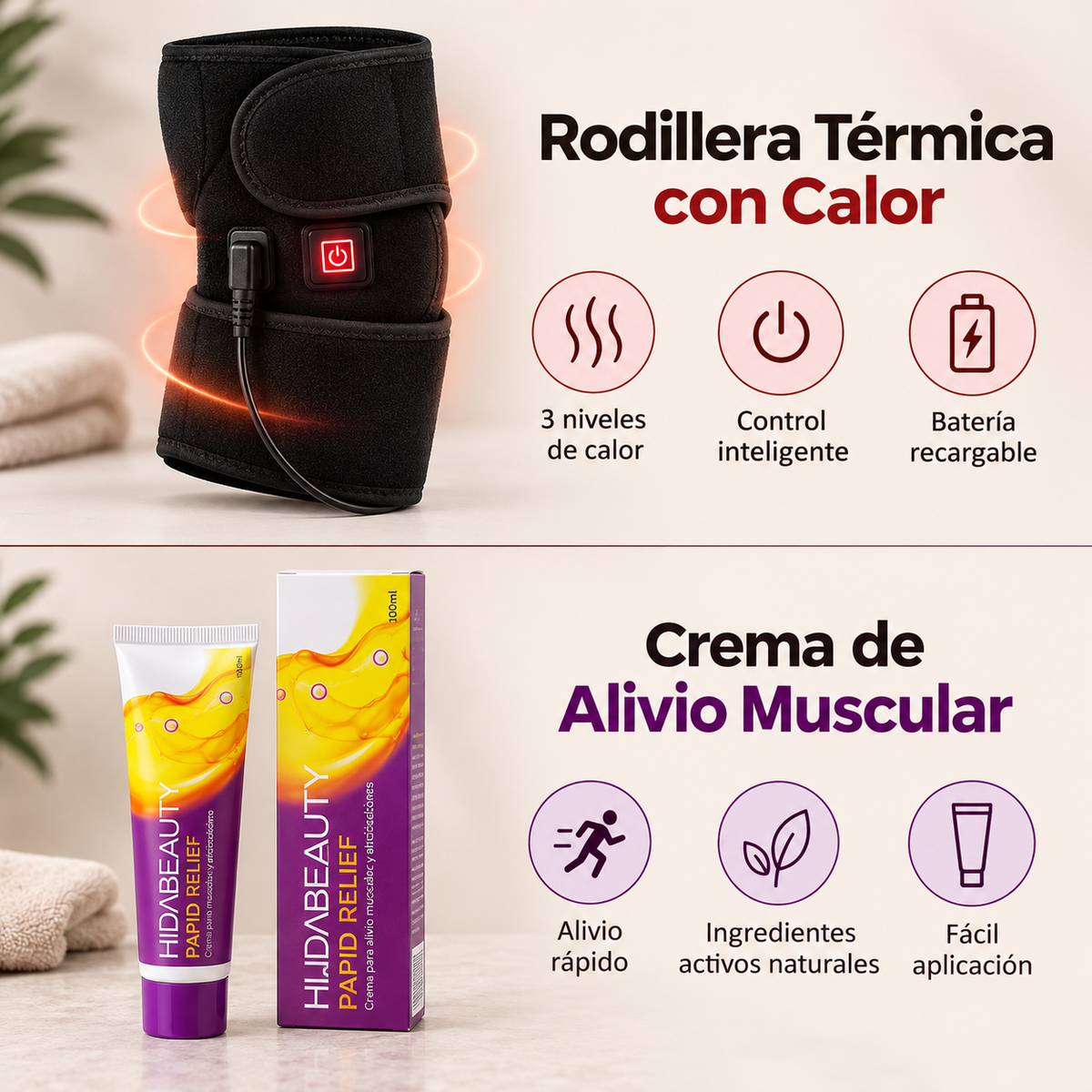 Pack recuperación muscular (rodillera térmica eléctrica + crema muscular)